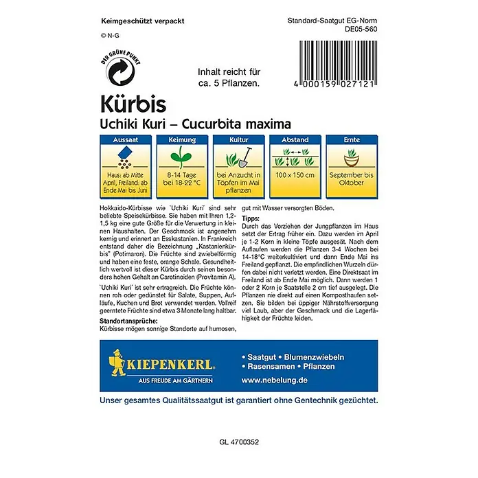 Kiepenkerl Profi-Line Gemüsesamen Kürbis Uchiki Kuri - Cucurbita moschata, Erntezeit: September - Rückansicht