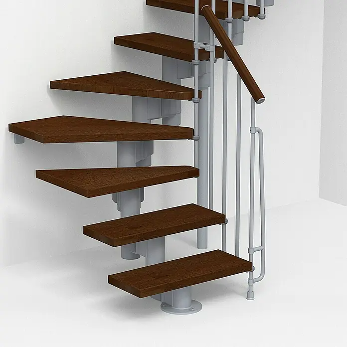 Fontanot Arké Mittelholmtreppe Kompact 74 - Breite: 74 cm, Grau Metallic, 2/4-gewendelt, Farbe Stufen: Buche Dunkel, Geschosshöhe: 191 cm - 303 cm - Detailaufnahme