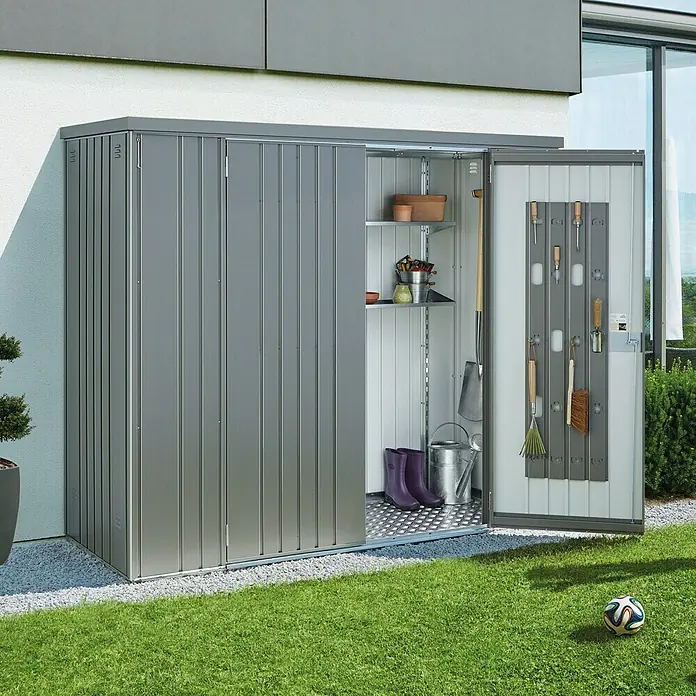 Biohort Geräteschrank 230 - Außenbreite inkl. Dachüberstand: 227 cm, Außentiefe inkl. Dachüberstand: 83 cm, Stahl, Quarzgrau - Linke Seitenansicht