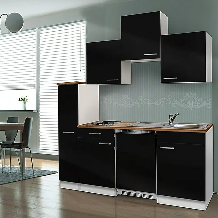 Respekta Singleküche KB180WS - Breite: 180 cm, Mit Duo-Kochmulde, Schwarz