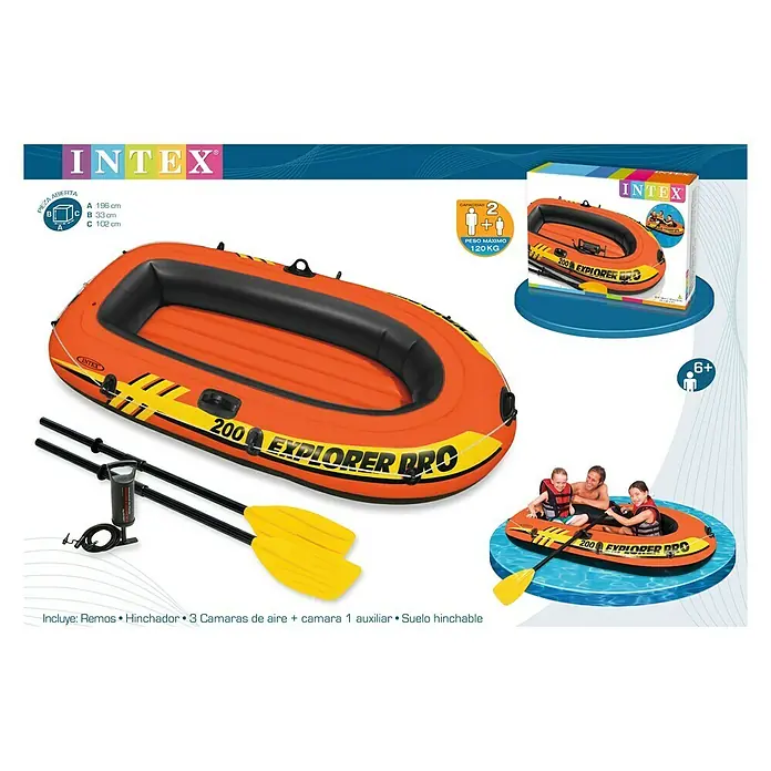 Intex Bote hinchable Explorer Pro 200 con remos - L x An x Al: 196 x 102 x 33 cm, Apto para: 1+1 personas, Carga útil: 120 kg