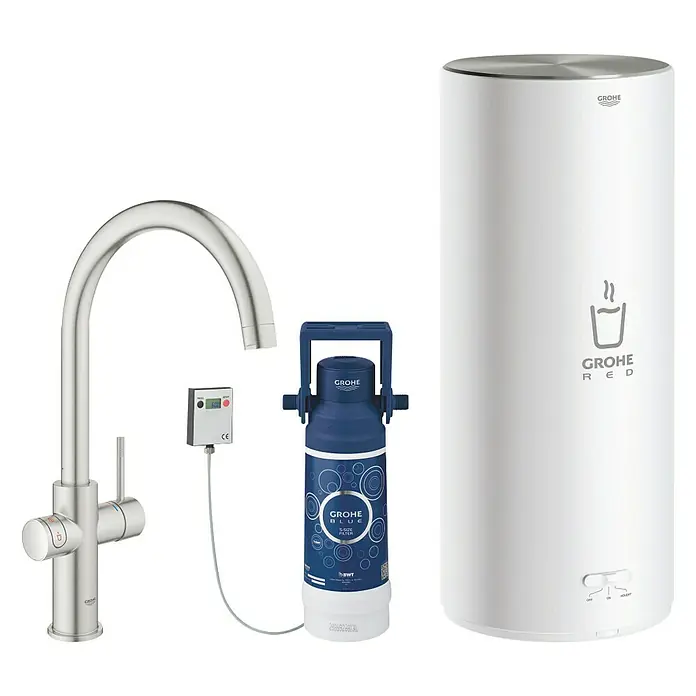 Grohe Spültischarmatur Red II Duo - C-Auslauf, Boiler: Größe L, Edelstahloptik - Vorderansicht