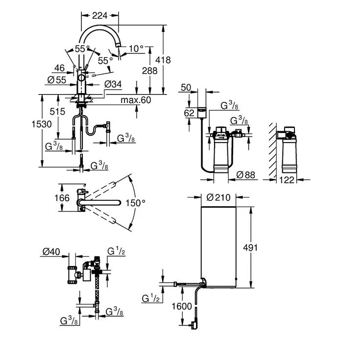 Grohe Spültischarmatur Red II Duo - C-Auslauf, Boiler: Größe L, Edelstahloptik - Vorderansicht