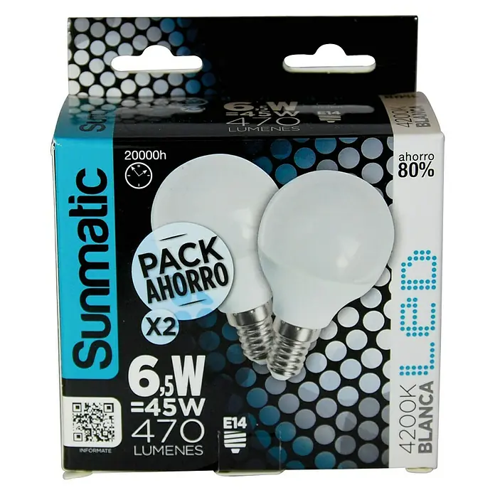 Sunmatic Bombilla LED - 2 uds., E14, 6,5 W, Color de luz: Blanco neutro, No regulable