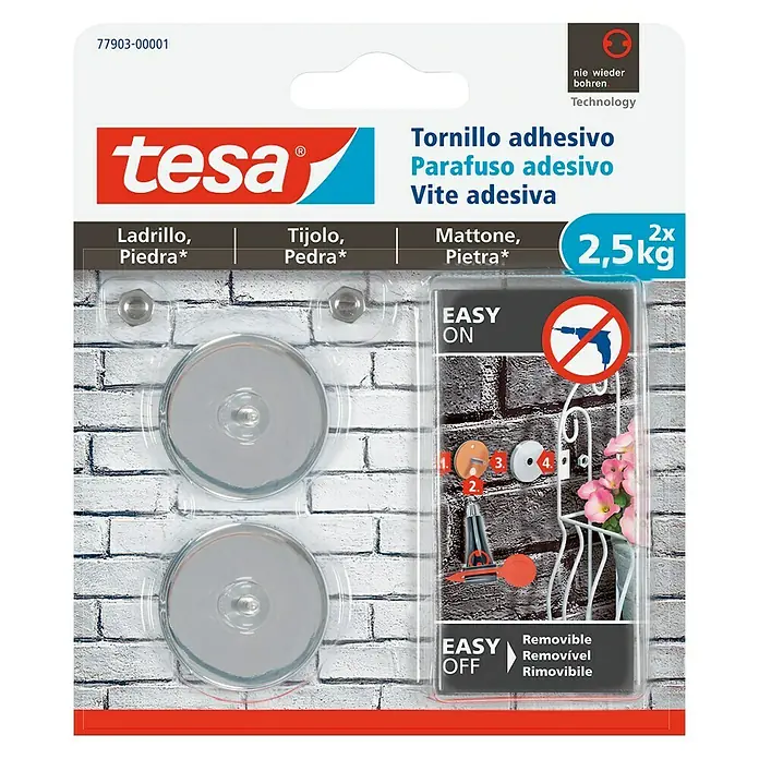 Tesa Tornillo adhesivo - Apto para: Ladrillo, Carga soportada: 2,5 kg, 2 uds., Redonda