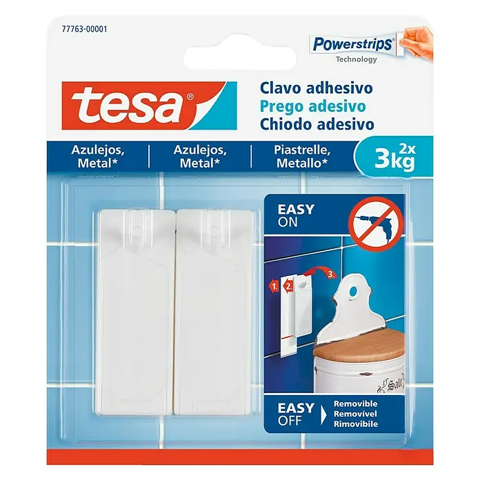 Tesa Clavo adhesivo - Apto para: Baldosas, Carga soportada: 3 kg, 2 uds., Blanco