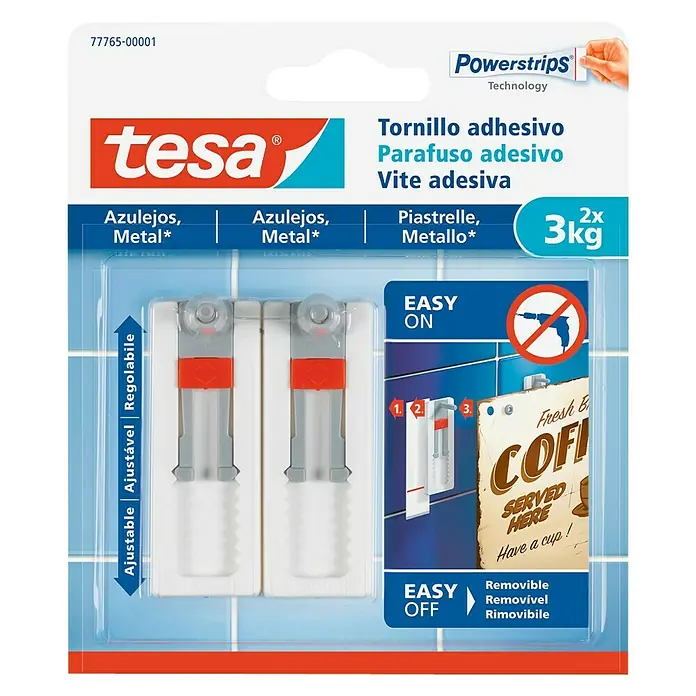 Tesa Tornillo adhesivo ajustable - Apto para: Baldosas, Carga soportada: 3 kg, 2 uds.