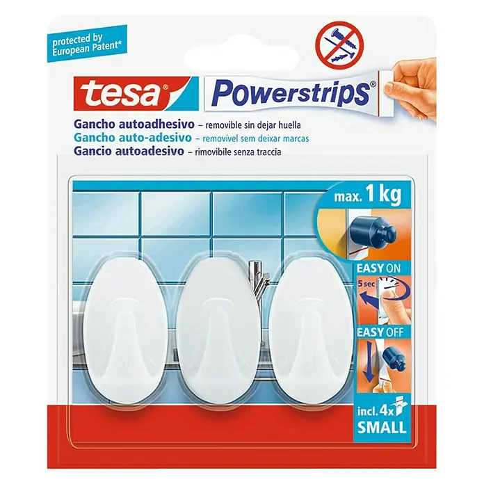 Tesa Powerstrips Gancho autoadhesivo Mini Gancho Ovalado - Blanco, 3 ud.