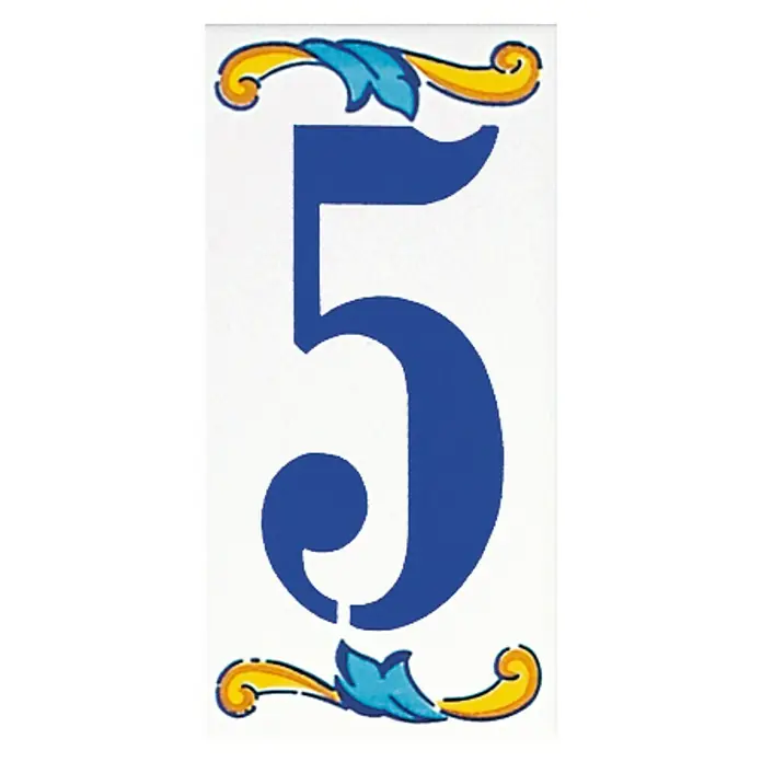 Azulejo de gres Número 5 - 7,5 x 15 cm, Blanco, Azul, Amarillo, Brillante