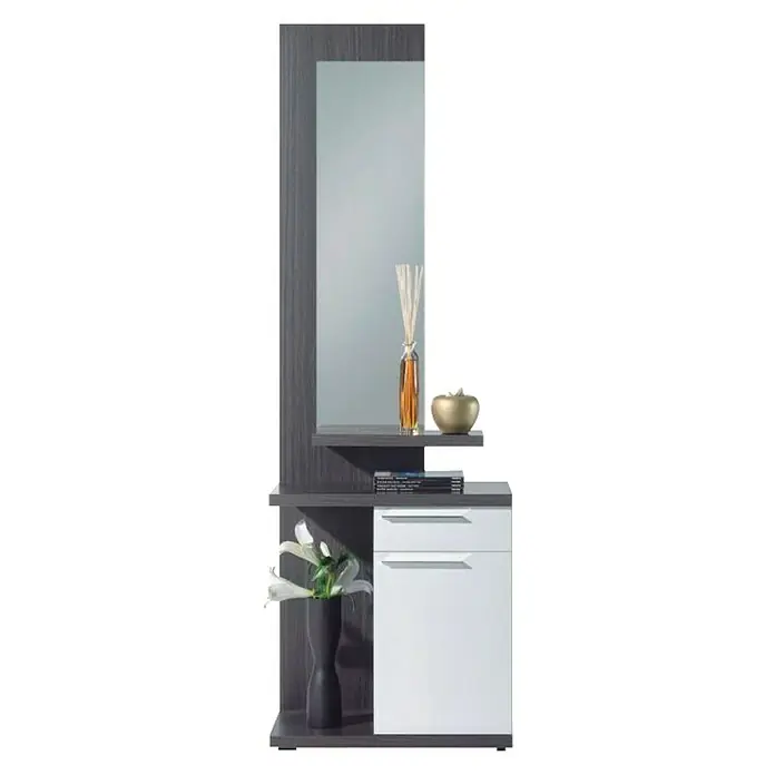 Mueble para recibidor con espejo Kendra - L x An x Al: 29 x 61 x 186 cm, Gris, Blanco