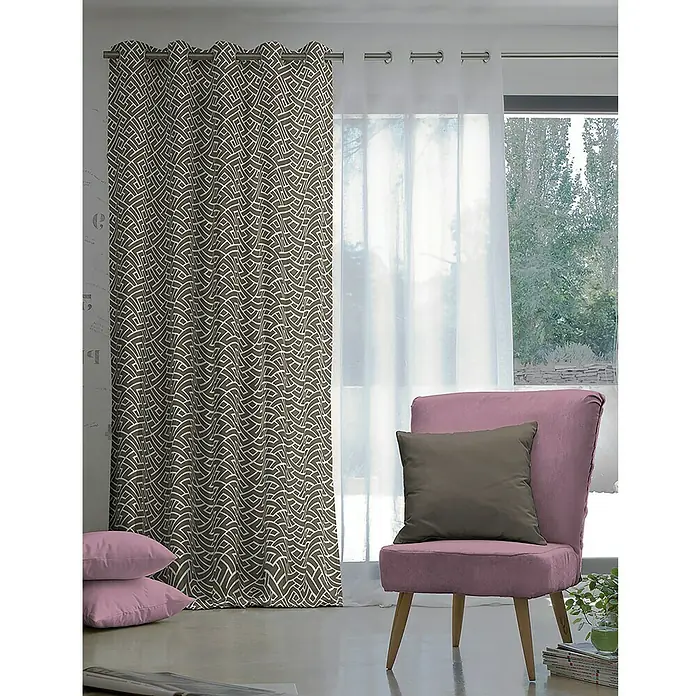 Cortina con ollaos Biarritz - 140 x 260 cm, 100% poliéster, Blanco apagado / Marrón