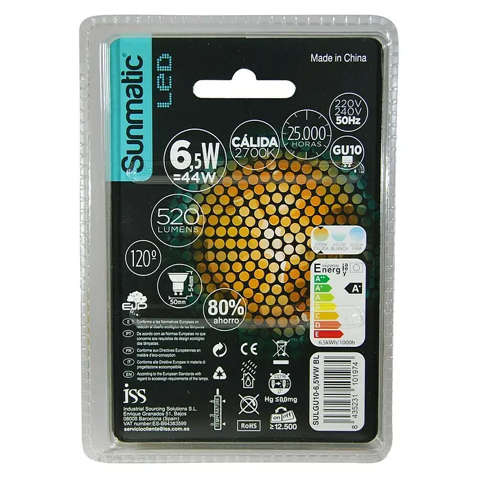 Sunmatic Bombilla reflectora LED - 6,5 W, GU10, 120 °, Blanco cálido