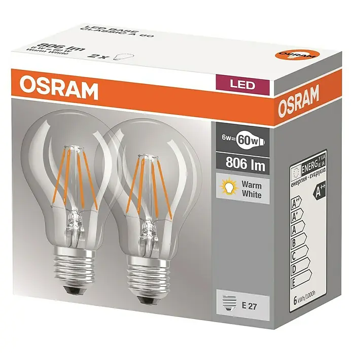 Osram Bombilla LED Classic A - 2 uds., 7 W, E27, Claro, Blanco cálido