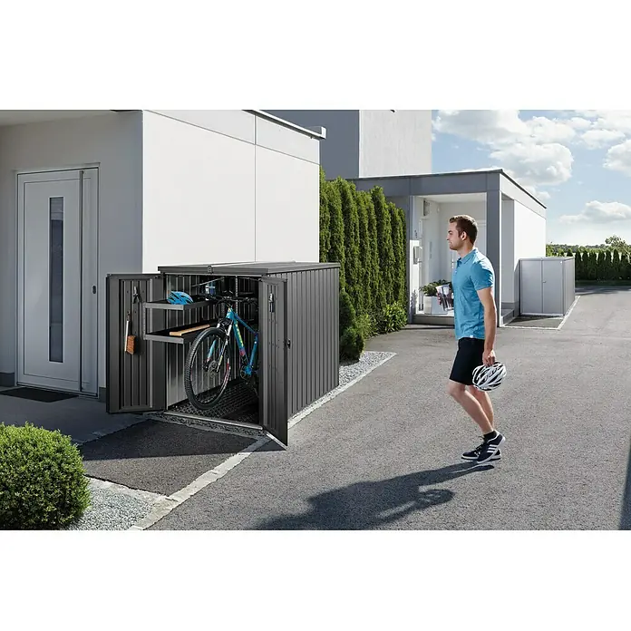 Biohort Geräteschrank - Außenbreite inkl. Dachüberstand: 122 cm, Außentiefe inkl. Dachüberstand: 203 cm, Stahl, Silber Metallic