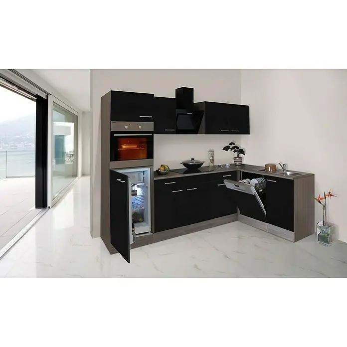 Respekta Winkelküche KBL280EYSS - 172 x 280 cm, Schwarz Seidenglanz