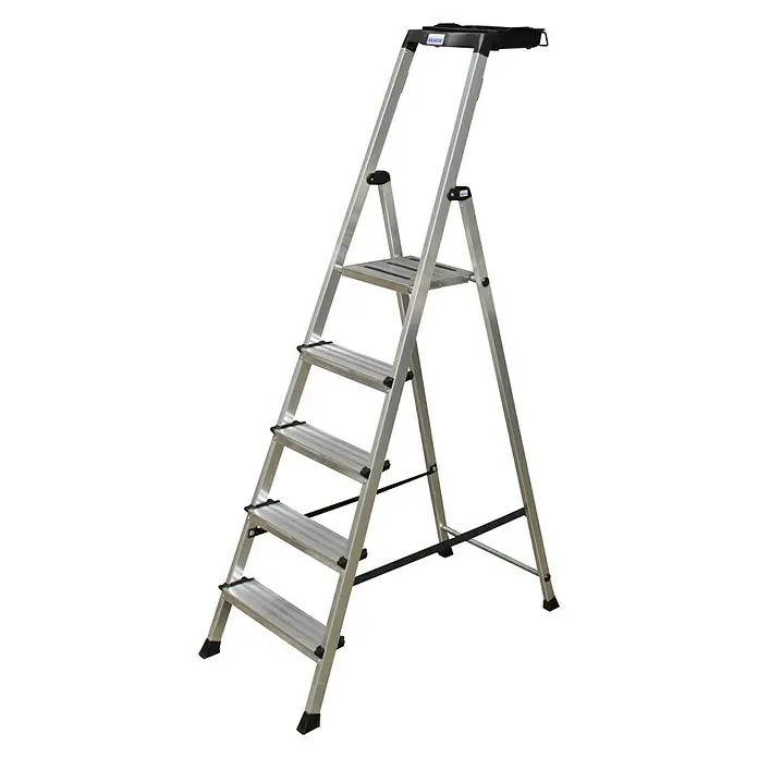 Krause Monto Stufenstehleiter Secury MultiGrip - Arbeitshöhe: 3,05 m, 5 Stufen, Tiefe Stufen: 100 mm, Aluminium - Linke Seitenansicht
