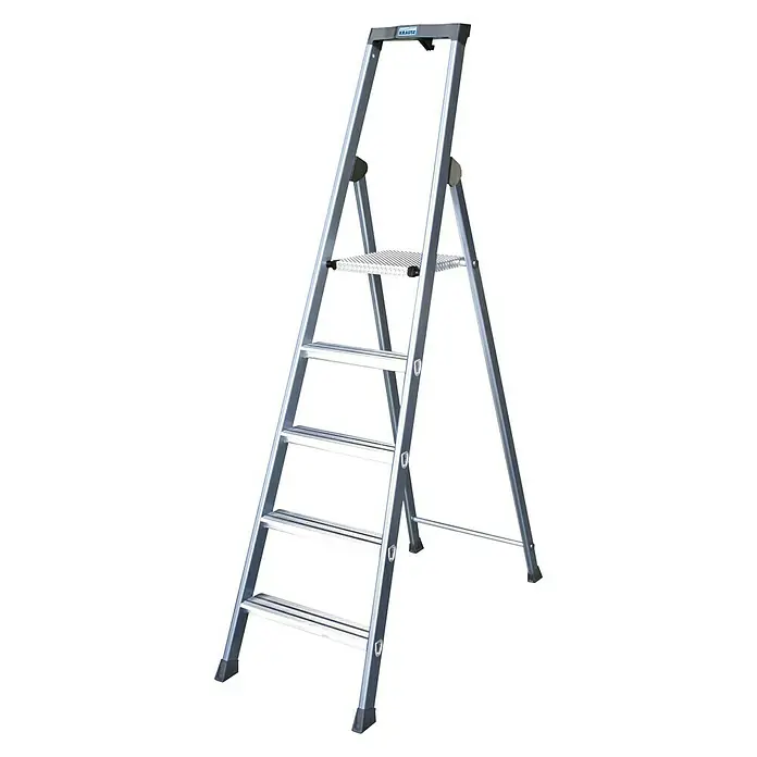 Krause Monto Stufenstehleiter SePro S - Arbeitshöhe: 3,05 m, Anzahl Tritte: 5 Stufen, Tiefe Stufen: 80 mm, Aluminium, Eloxiert - Linke Seitenansicht