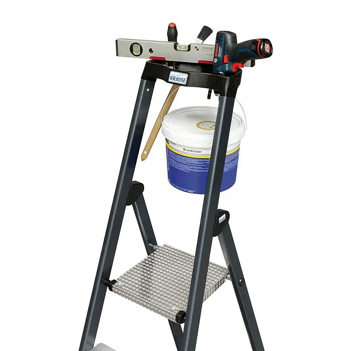 Krause Monto Stufenstehleiter SePro S - Arbeitshöhe: 3,7 m, Anzahl Tritte: 8 Stufen, Tiefe Stufen: 80 mm, Aluminium, Eloxiert - Detailaufnahme