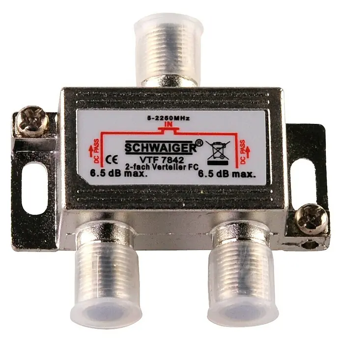 Schwaiger Verteiler - 2-fach, F-Buchse, 5 - 2.250 MHz, 6,5 dB - Vorderansicht