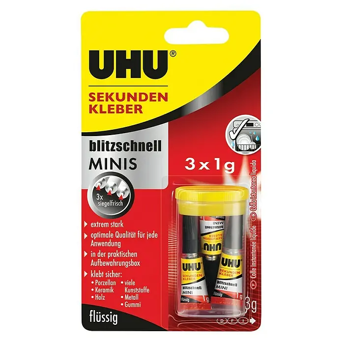 UHU Superljepilo Jako brzo - 3 x 1 g, Mini cjevčice u kutiji za pohranu, Tekuće - Pogled sprijeda