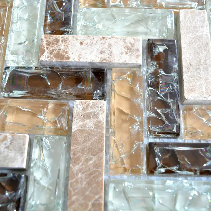 Mozaïektegel visgraat glas Mix XIC HB1553 - 26,3 x 29,3 cm, Bruin/Beige, Glanzend - Close-up