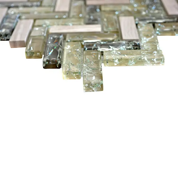 Mosaikfliese Fischgrät Crystal Mix XIC HB1552 - 26,3 x 29,3 cm, Grau/Grün, Glänzend - Detailaufnahme
