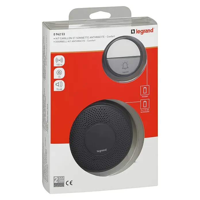 Legrand Juego de timbre inalámbrico Confort negro - 100 m, IP44, 80 dB, Plástico