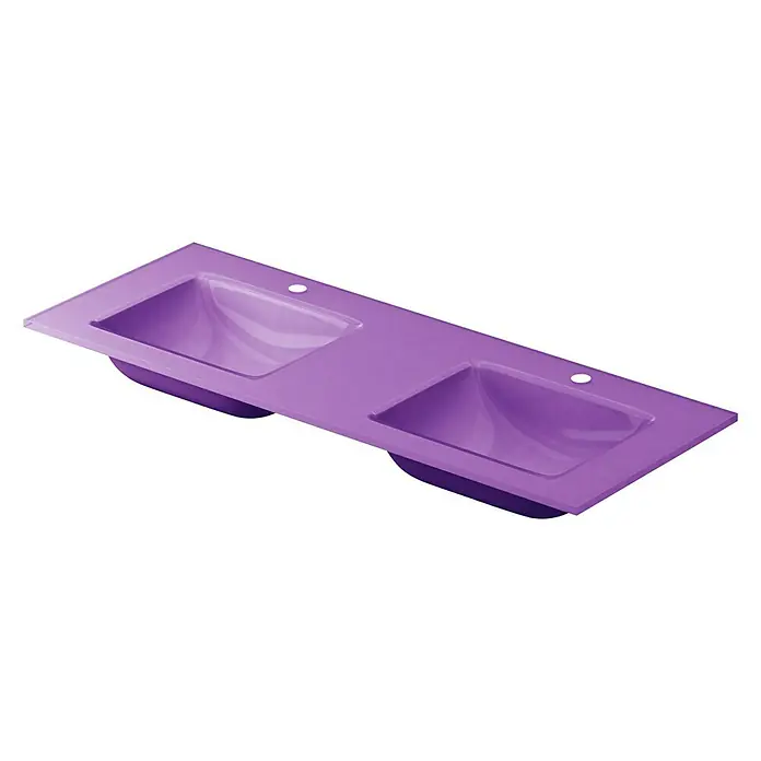 Lavabo doble Cristal - 121 x 46 cm, Orificios para grifo: Medio, Berenjena, Vidrio - Vista angular