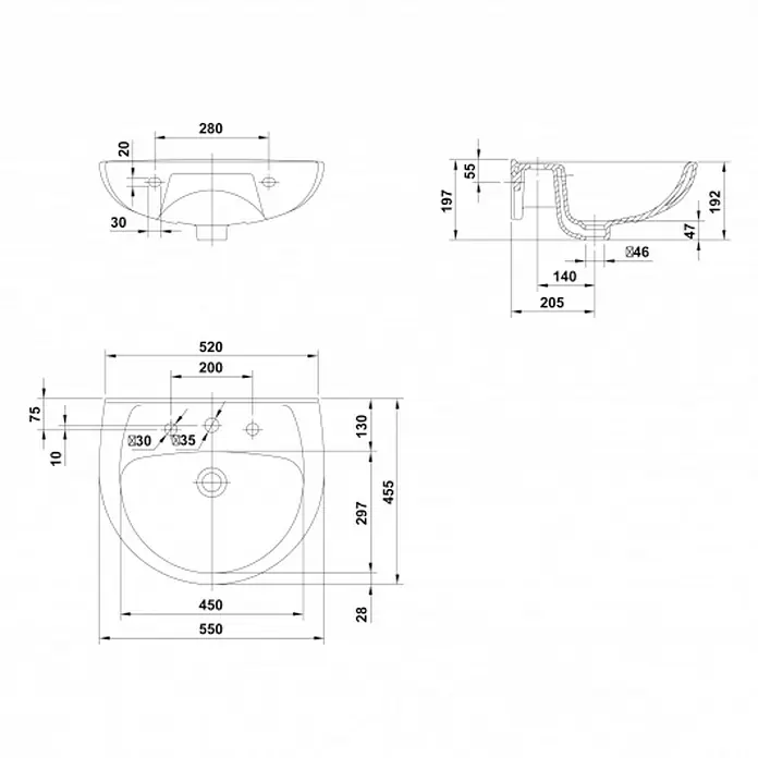 Gala Elia Lavabo - An x L: 55 x 45,5 cm, Medio, Con desbordamiento, Blanco