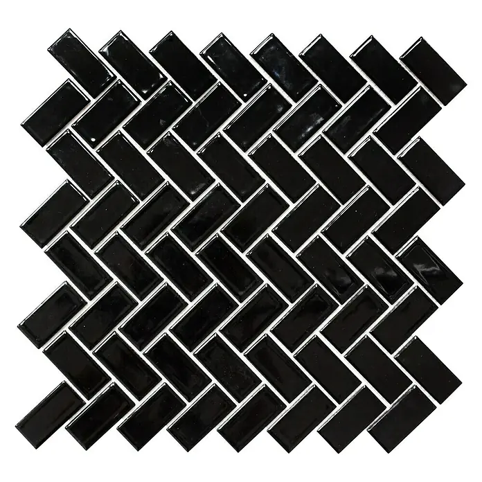 Mosaikfliese Fischgrät CHB 6BG - 29,8 x 29,8 cm, Schwarz, Glänzend - Ansicht von oben