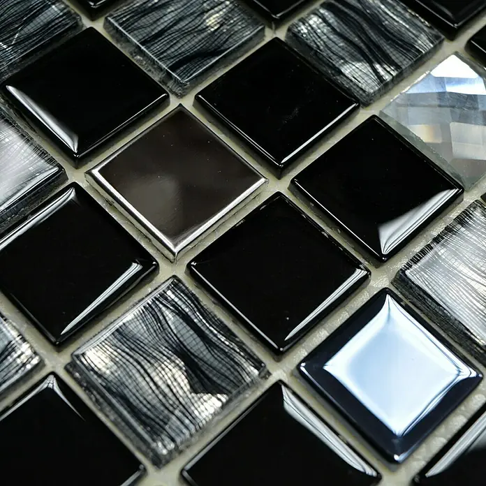Mosaikfliese Quadrat Crystal Mix CM 426 - 30 x 30 cm, Schwarz/Silber, Glänzend - Detailaufnahme