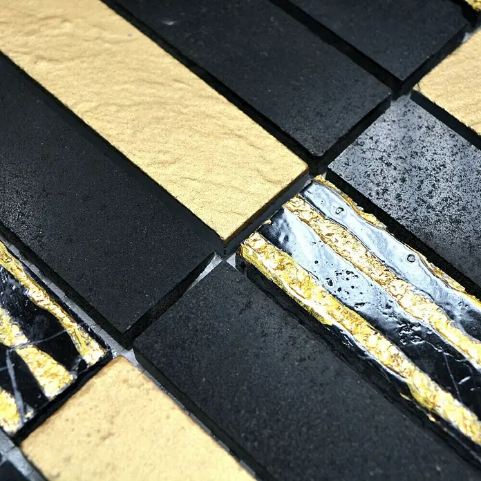 Mosaikfliese Rechteck Carving STN 79 - 30 x 30 cm, Schwarz/Gold, Matt - Detailaufnahme