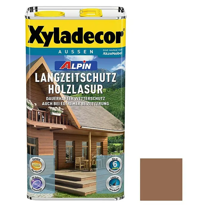 Xyladecor Langzeitschutz-Holzlasur Alpin - Kastanie, 5 l, Seidenglänzend, Lösemittelbasiert
