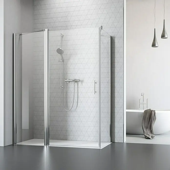Camargue Vario Eckdusche S3+S16+S7+S18 - 150 x 90 x 195 cm, Silber, Stärke: 6 mm - Vorderansicht