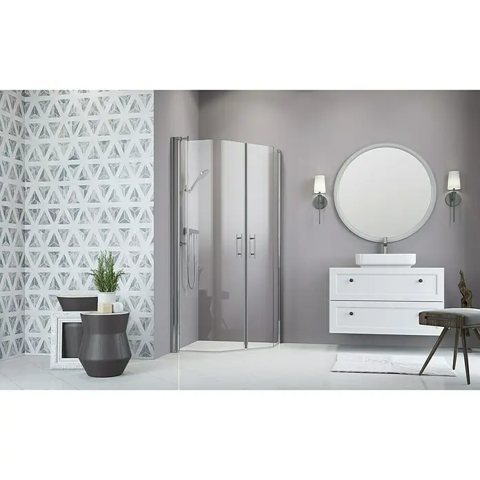 Camargue Vario Fünfeckdusche S12 - 90 x 90 x 195 cm, Beschichtet, Stärke: 6 mm, Silber - Vorderansicht