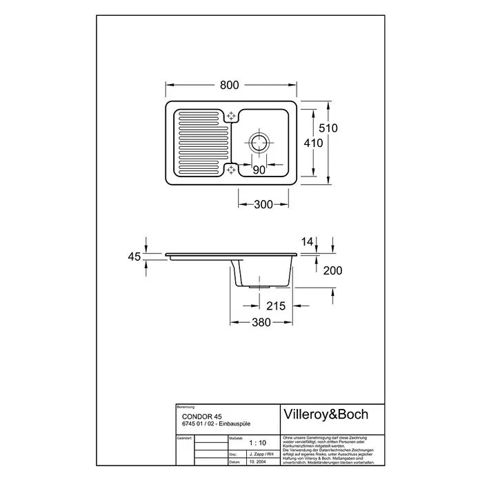 Villeroy & Boch Einbauspüle Condor - 80 x 51 cm, 1 Becken, Keramik, Creme