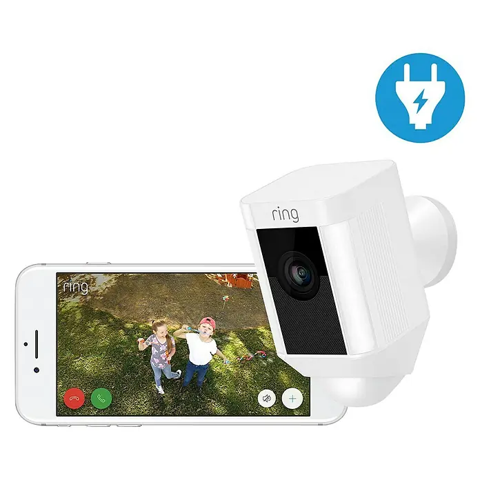 Ring Überwachungskamera Spotlight Cam Wired - Weiß, Netzanschluss, 2 Wege Kommunikation, IP64 - Vorderansicht