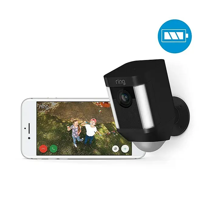 Ring Überwachungskamera Spotlight Cam Battery - Schwarz, Akku, 2 Wege Kommunikation, IP64 - Vorderansicht