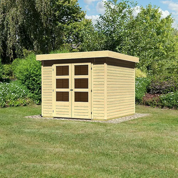 Karibu Gartenhaus Askola - L x B: 246 x 242 cm, Wandstärke: 19 mm, Flachdach, Natur - Rechte Seitenansicht