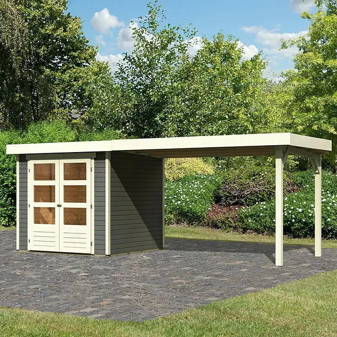 Karibu Gartenhaus Askola - 217 x 497 cm, Wandstärke: 19 mm, Flachdach, Terragrau, Mit Anbau - Rechte Seitenansicht