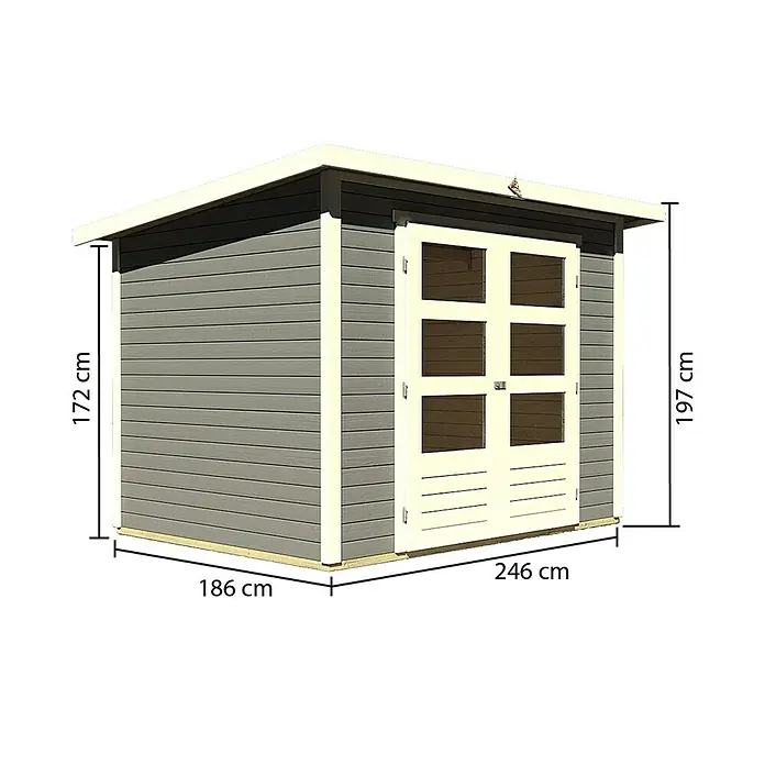 Karibu Gartenhaus Stockach - L x B: 246 x 186 cm, Wandstärke: 19 mm, Pultdach, Terragrau - Linke Seitenansicht
