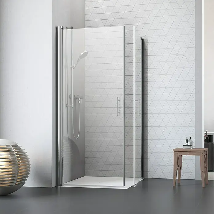 Camargue Vario Eckdusche S1+S3 - 75 x 90 x 195 cm, Stärke: 6 mm, Silber - Vorderansicht