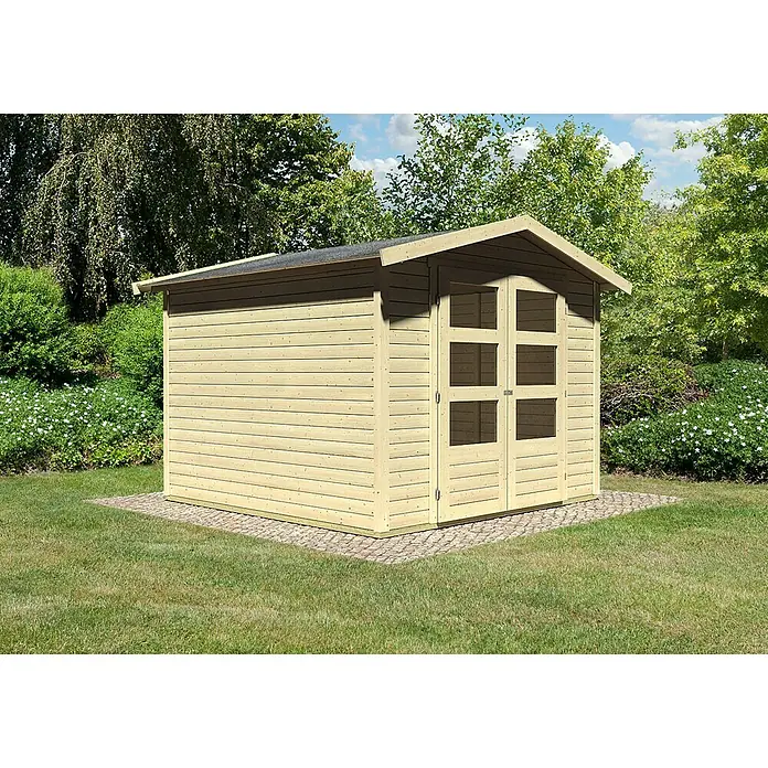 Karibu Gartenhaus Amberg - L x B: 246 x 246 cm, Wandstärke: 19 mm, Satteldach - Linke Seitenansicht