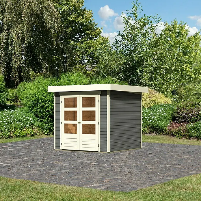Karibu Gartenhaus Askola - L x B: 217 x 213 cm, Wandstärke: 19 mm, Flachdach, Terragrau - Linke Seitenansicht