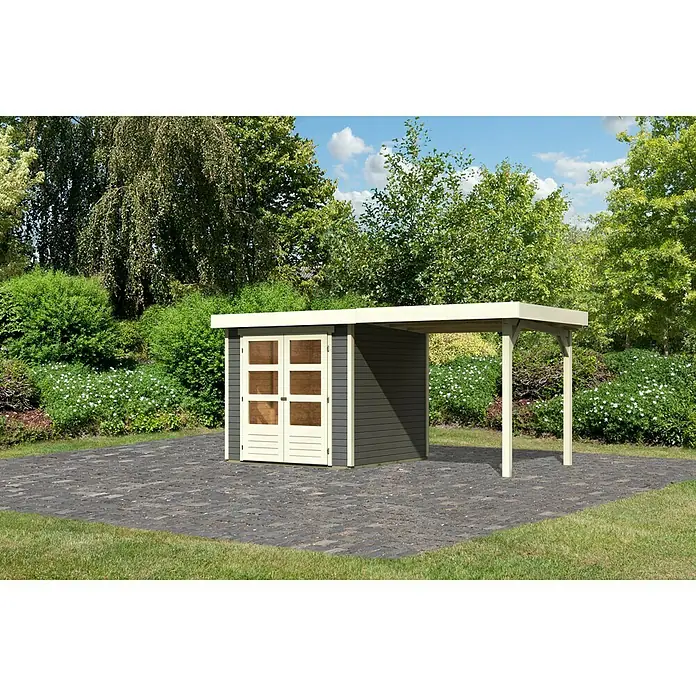 Karibu Gartenhaus Askola - 217 x 433 cm, Wandstärke: 19 mm, Flachdach, Grau, Mit Anbau - Stimmungsaufnahme