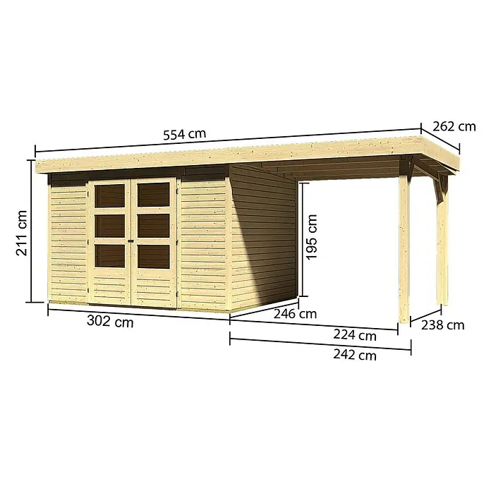 Karibu Gartenhaus Askola - L x B: 246 x 522 cm, Wandstärke: 19 mm, Flachdach, Natur, Mit Anbau - Rechte Seitenansicht