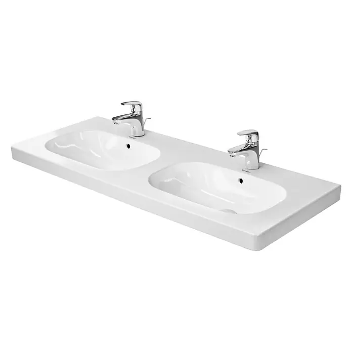 Duravit D-Code Doppelwaschtisch - 120 x 49 cm, Ohne Spezialglasur, Hahnloch: Mitte, Mit Überlauf, Weiß - Vorderansicht