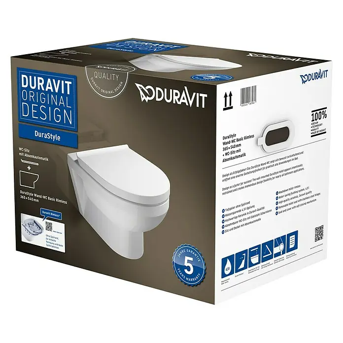 Duravit DuraStyle Wand-WC-Set Basic - Spülrandlos, Ohne Spezialglasur, Spülform: Tief, WC Abgang: Waagerecht, Weiß - Vorderansicht