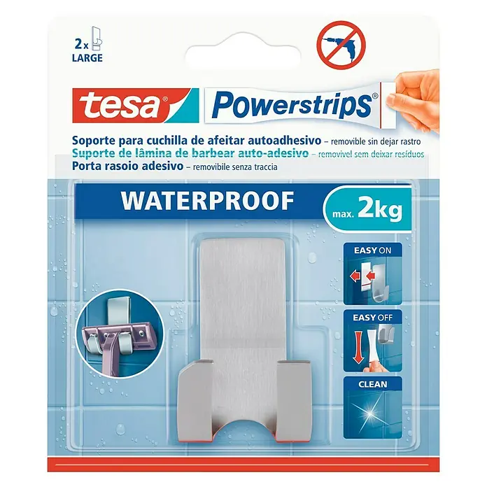 Tesa Powerstrips Waterproof Colgador adhesivo RH - Acero inoxidable, Plateado