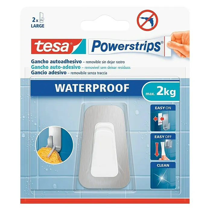 Tesa Powerstrips Waterproof Colgador adhesivo L - Acero inoxidable, Plateado, Blanco